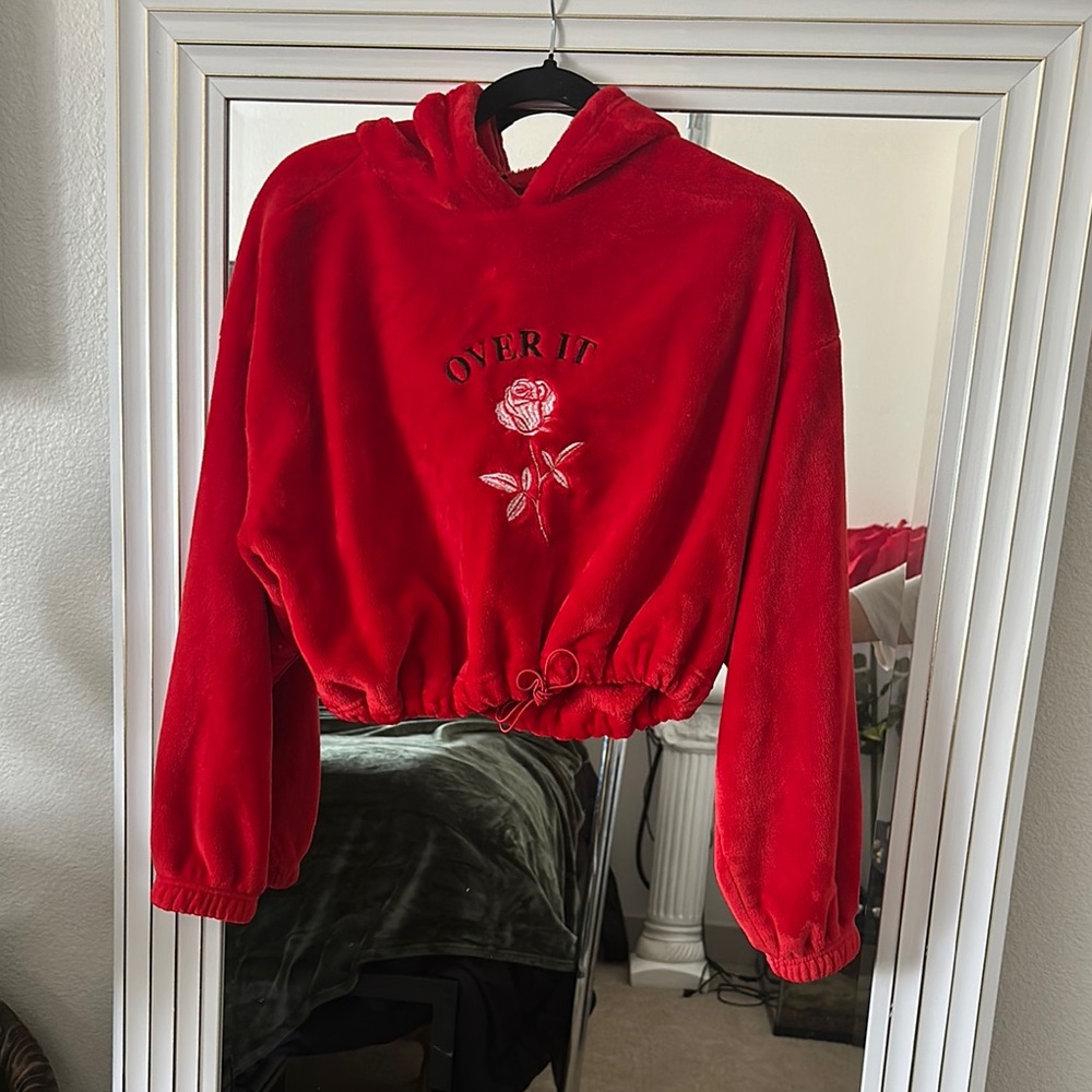Red Hooded Sweatshirt with Embroidered Rose